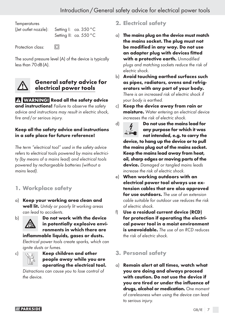 General safety advice for electrical power tools, Workplace safety, Electrical safety | Personal safety | Parkside PHLG 2000 B1 User Manual | Page 7 / 13