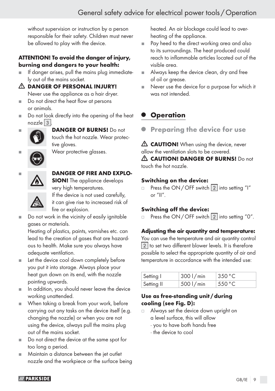 Operation, Preparing the device for use | Parkside PHLG 2000 B1 User Manual | Page 9 / 13