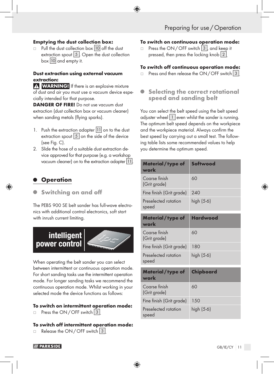 Preparing for use / operation, Operation, Switching on and off | Parkside PEBS 900 SE User Manual | Page 10 / 14