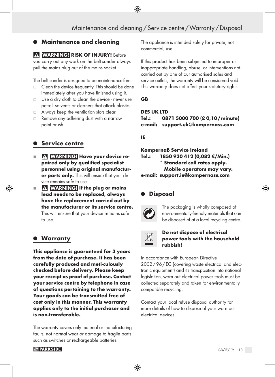 Maintenance and cleaning, Service centre, Warranty | Disposal | Parkside PEBS 900 SE User Manual | Page 12 / 14