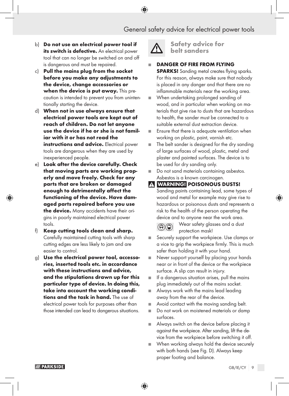 General safety advice for electrical power tools, Safety advice for belt sanders | Parkside PEBS 900 SE User Manual | Page 8 / 14