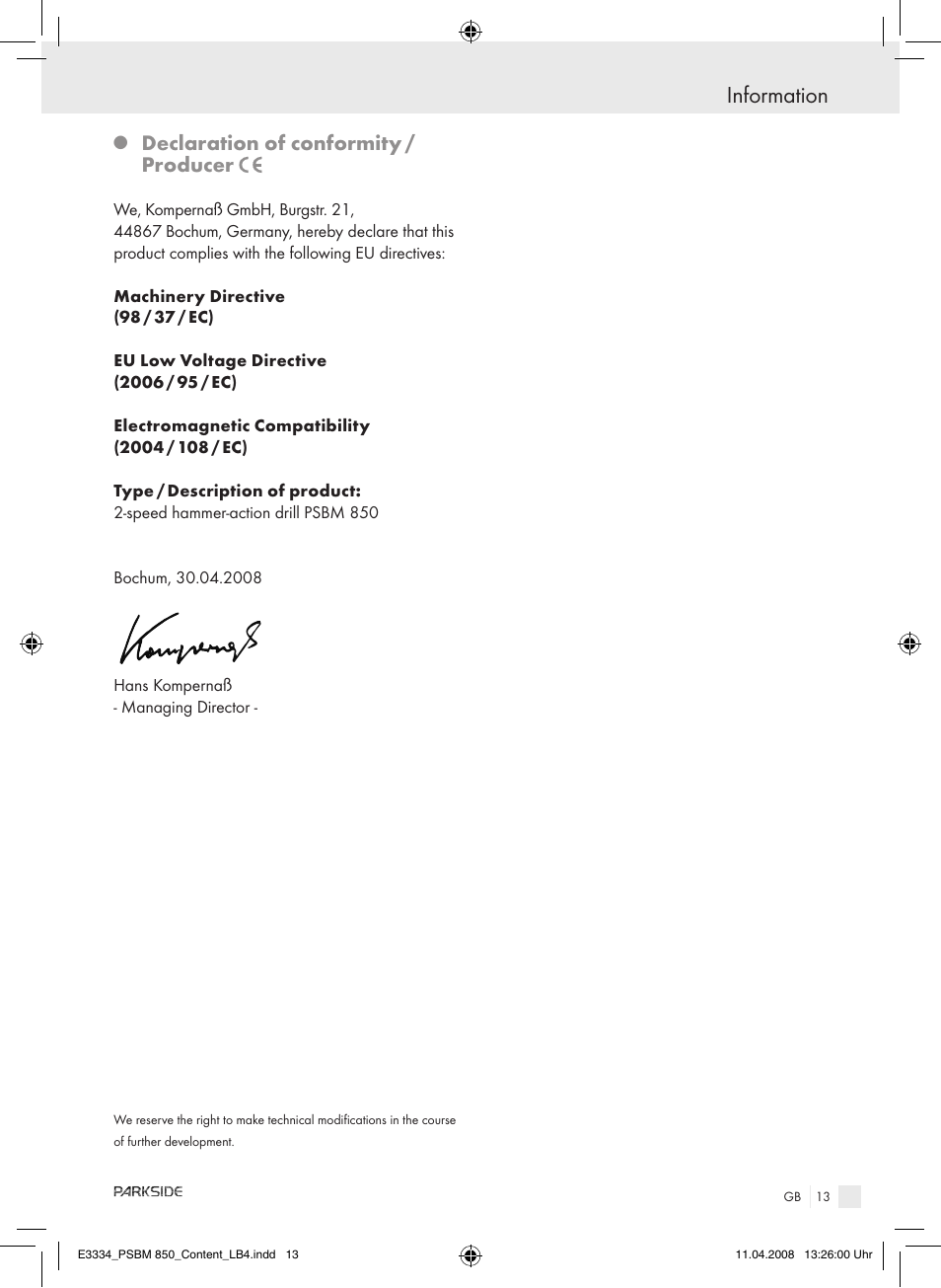 Information, Declaration of conformity / producer | Parkside PSBM 850 User Manual | Page 13 / 77