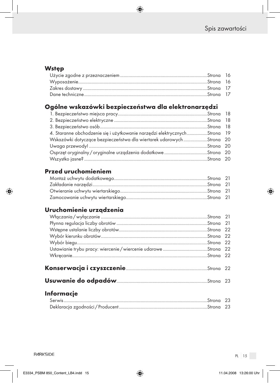Spis zawartości | Parkside PSBM 850 User Manual | Page 15 / 77