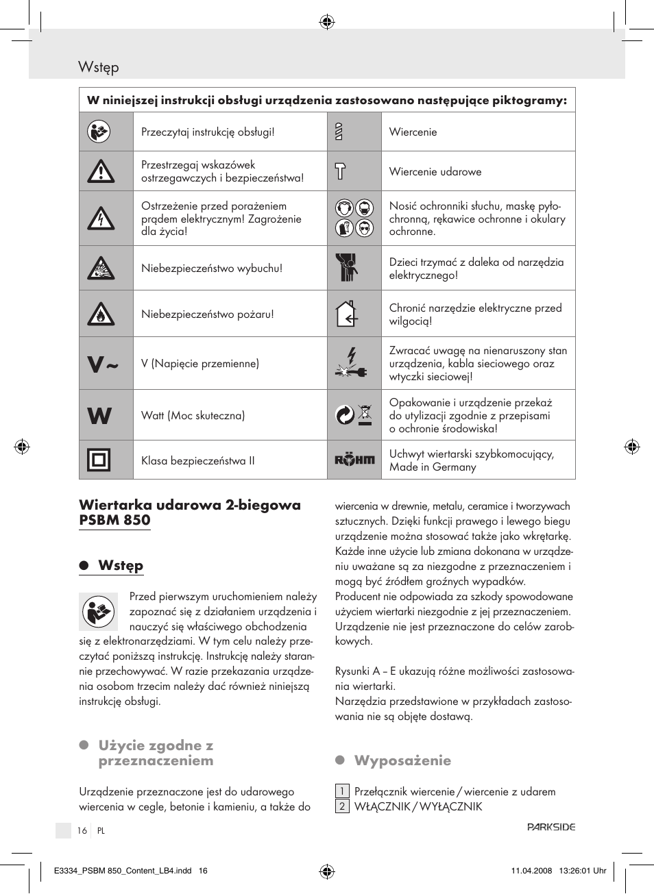 Wstęp | Parkside PSBM 850 User Manual | Page 16 / 77