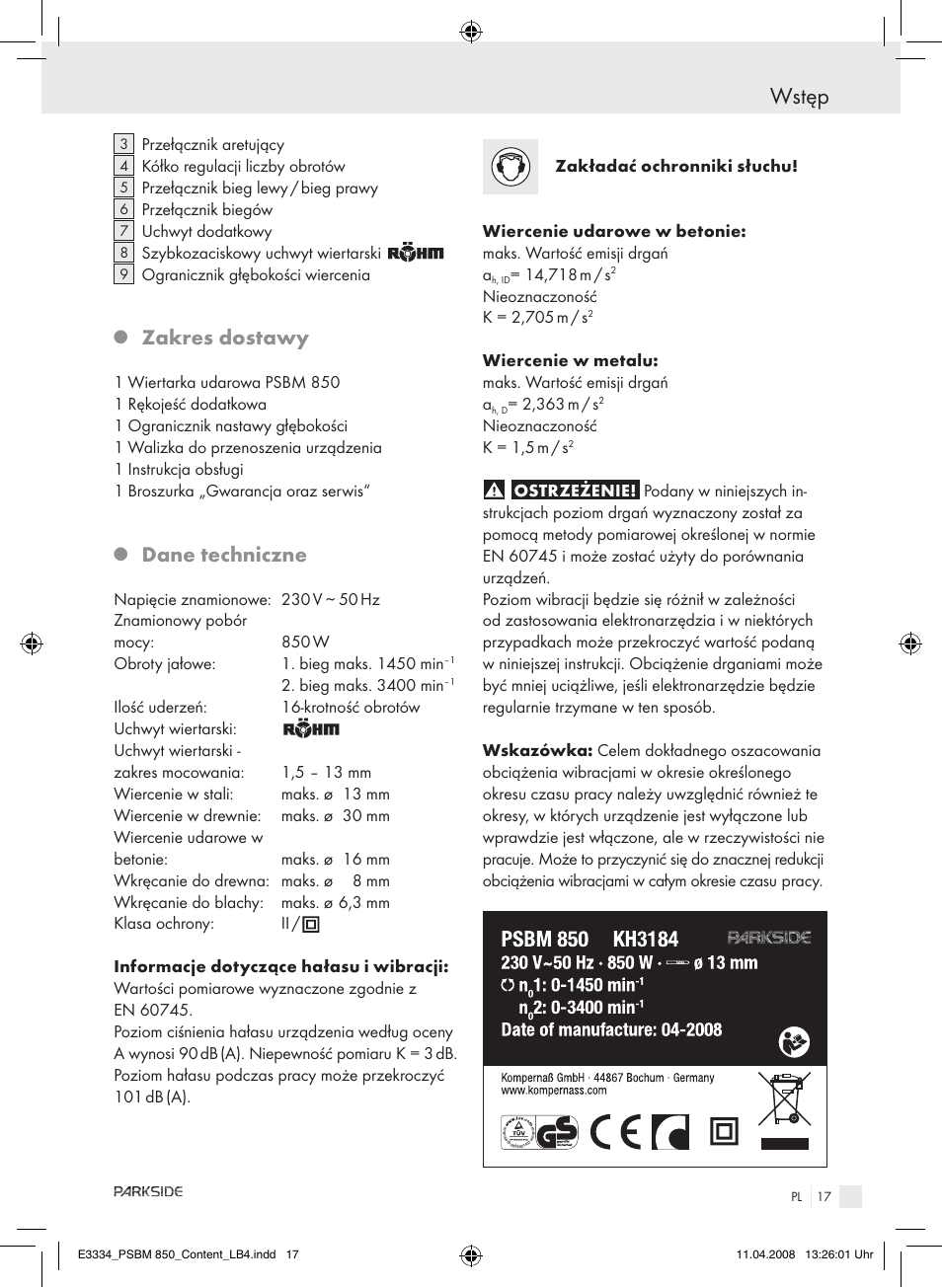 Wstęp, Zakres dostawy, Dane techniczne | Parkside PSBM 850 User Manual | Page 17 / 77