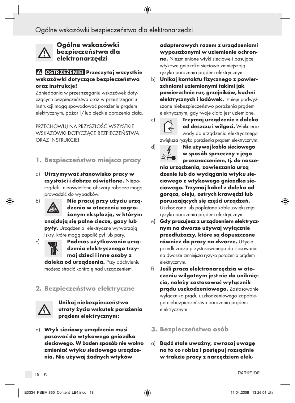 Bezpieczeństwo miejsca pracy, Bezpieczeństwo elektryczne, Bezpieczeństwo osób | Parkside PSBM 850 User Manual | Page 18 / 77