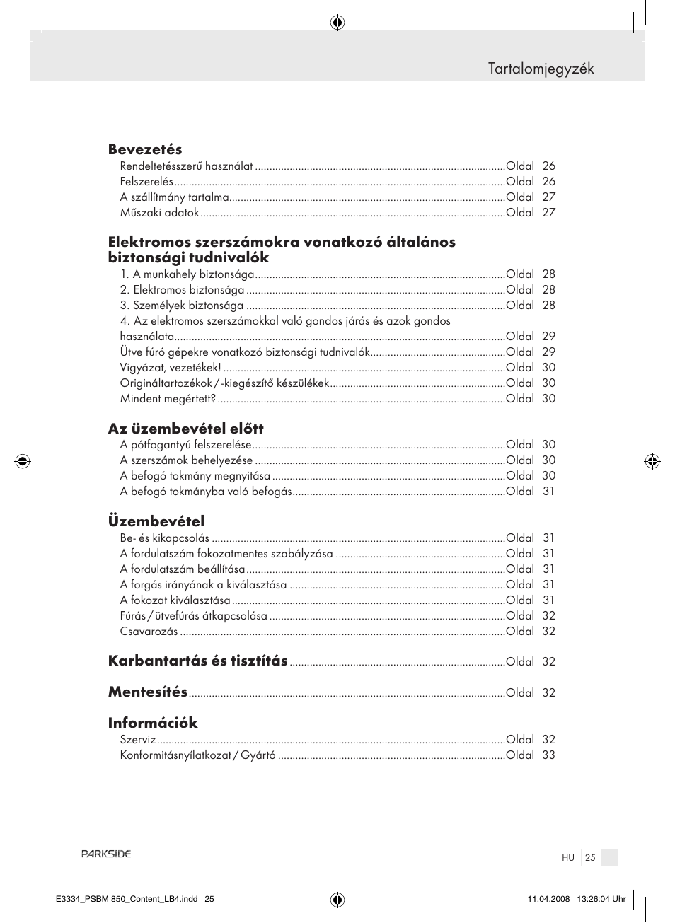 Tartalomjegyzék | Parkside PSBM 850 User Manual | Page 25 / 77