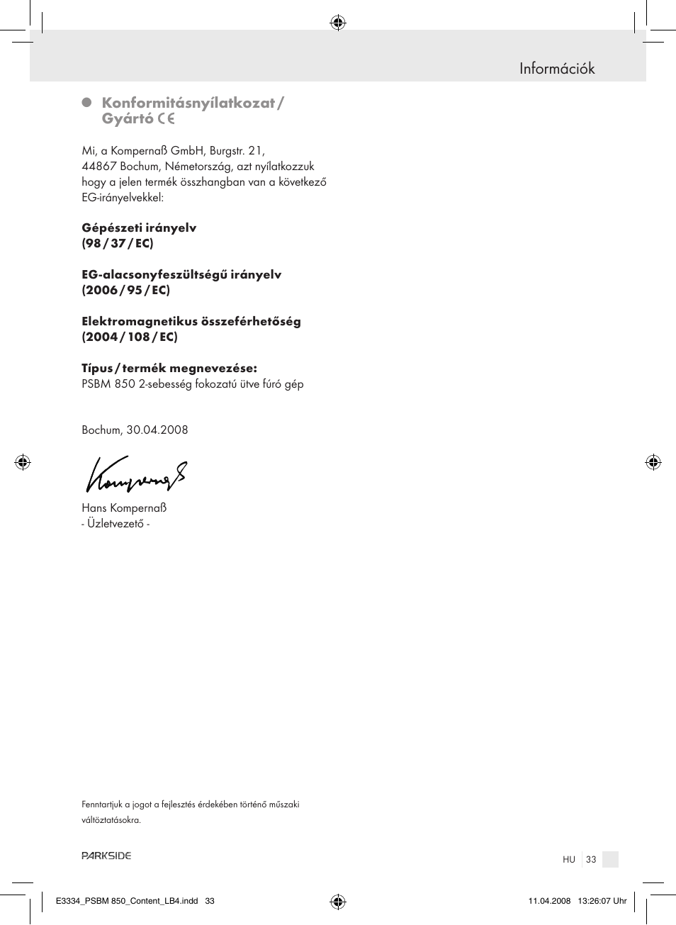 Információk, Konformitásnyílatkozat / gyártó | Parkside PSBM 850 User Manual | Page 33 / 77