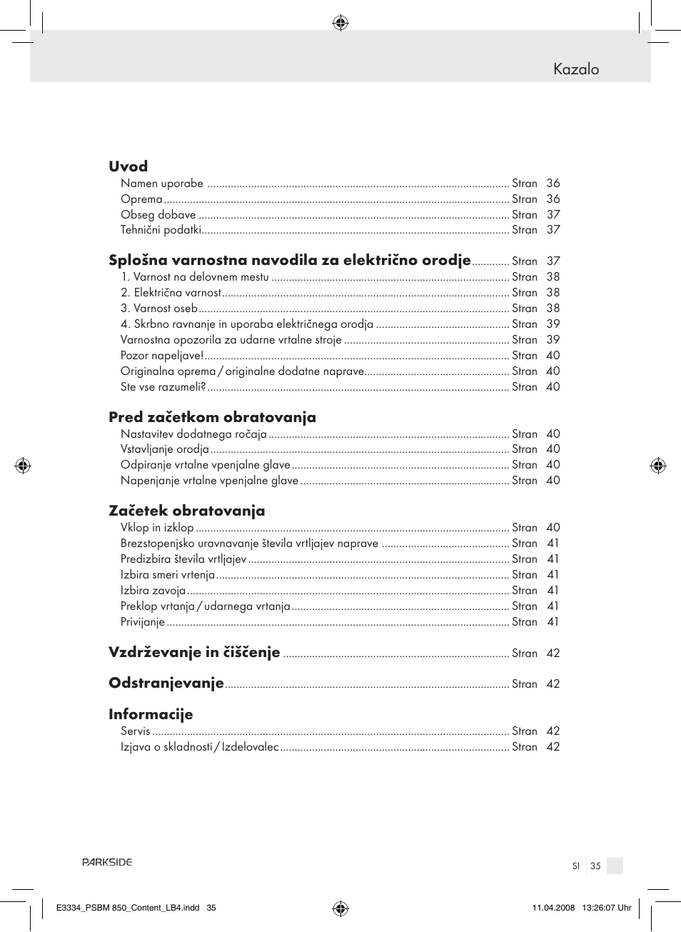 Kazalo | Parkside PSBM 850 User Manual | Page 35 / 77