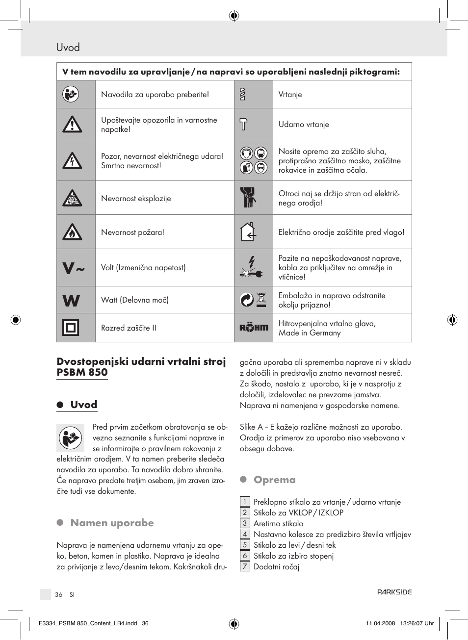 Dvostopenjski udarni vrtalni stroj psbm 850, Uvod, Namen uporabe | Oprema | Parkside PSBM 850 User Manual | Page 36 / 77