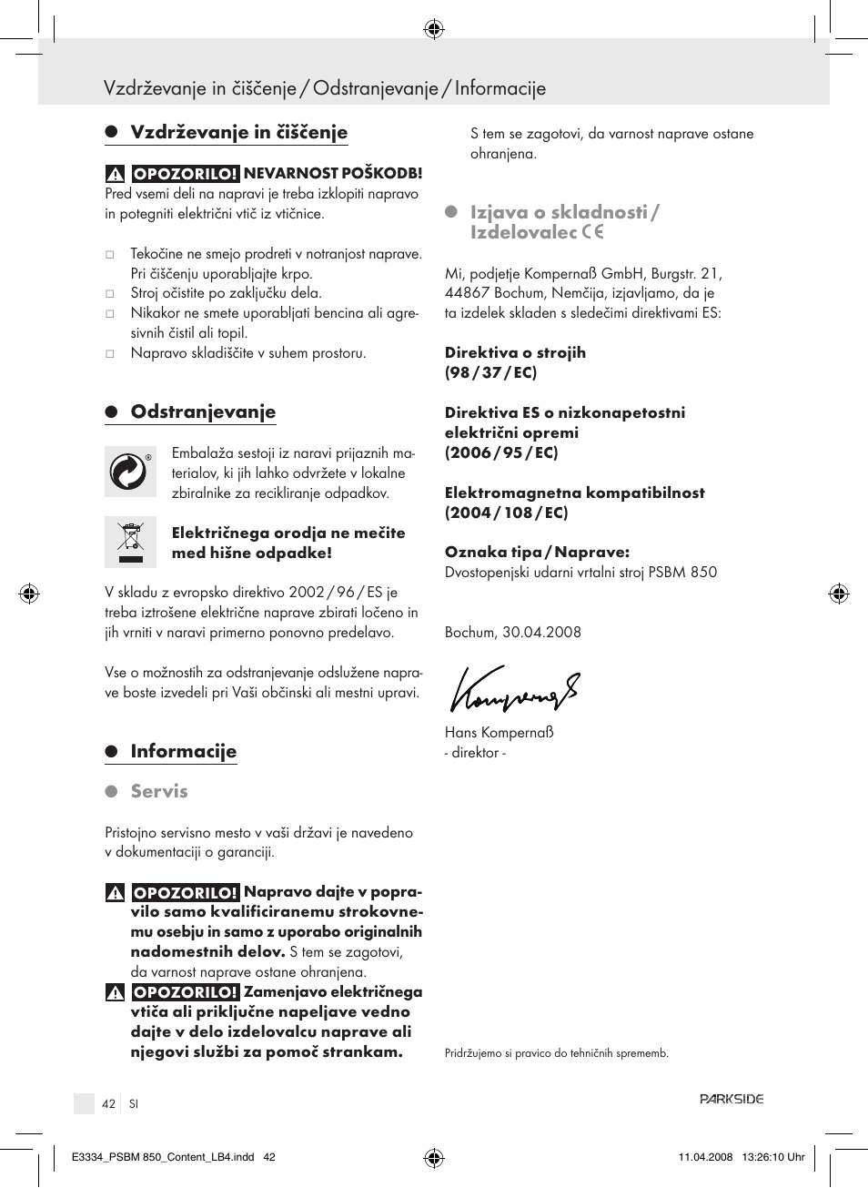 Vzdrževanje in čiščenje, Odstranjevanje, Informacije | Servis, Izjava o skladnosti / izdelovalec | Parkside PSBM 850 User Manual | Page 42 / 77