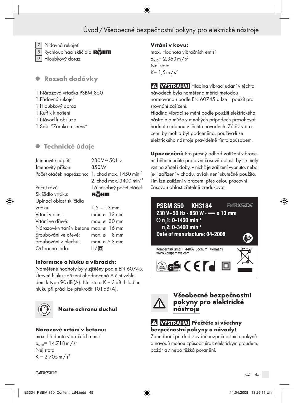 Rozsah dodávky, Technické údaje | Parkside PSBM 850 User Manual | Page 45 / 77