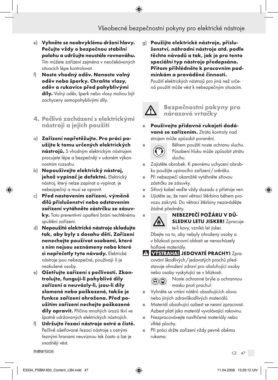 Bezpečnostní pokyny pro nárazové vrtačky | Parkside PSBM 850 User Manual | Page 47 / 77