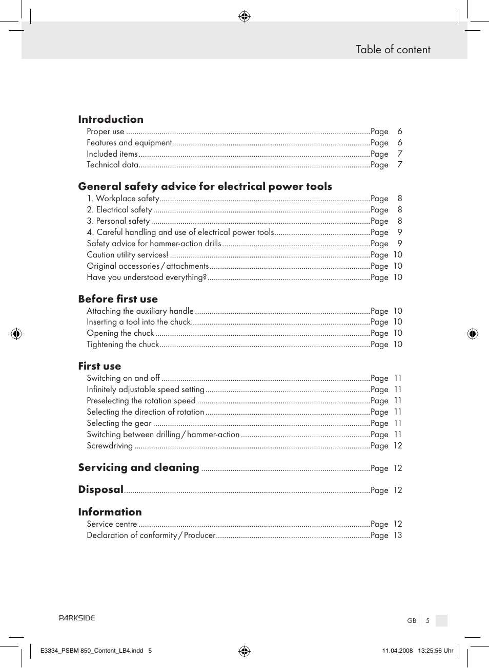 Table of content | Parkside PSBM 850 User Manual | Page 5 / 77