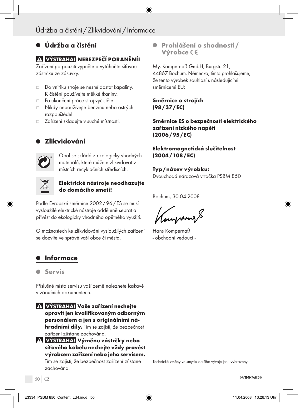 Údržba a čistění / zlikvidování / informace, Údržba a čistění, Zlikvidování | Informace, Servis, Prohlášení o shodnosti / výrobce | Parkside PSBM 850 User Manual | Page 50 / 77