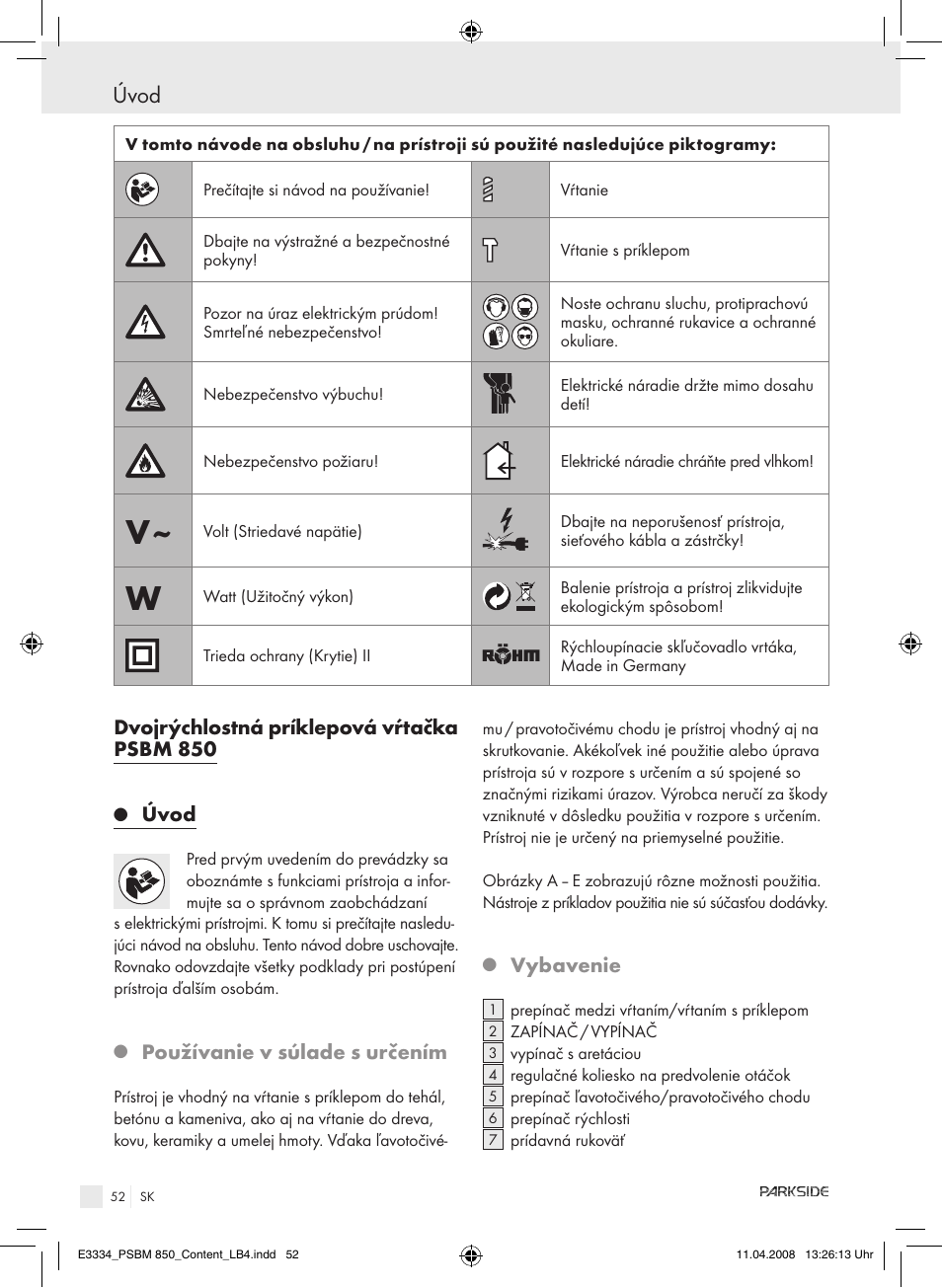 Dvojrýchlostná príklepová vŕtačka psbm 850, Úvod, Používanie v súlade s určením | Vybavenie | Parkside PSBM 850 User Manual | Page 52 / 77