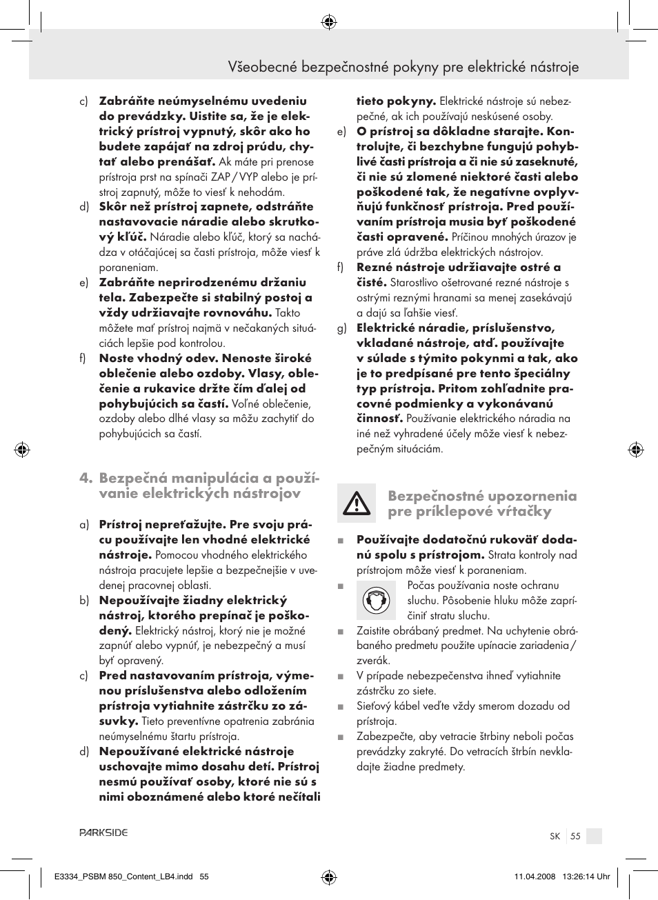 Bezpečnostné upozornenia pre príklepové vŕtačky | Parkside PSBM 850 User Manual | Page 55 / 77