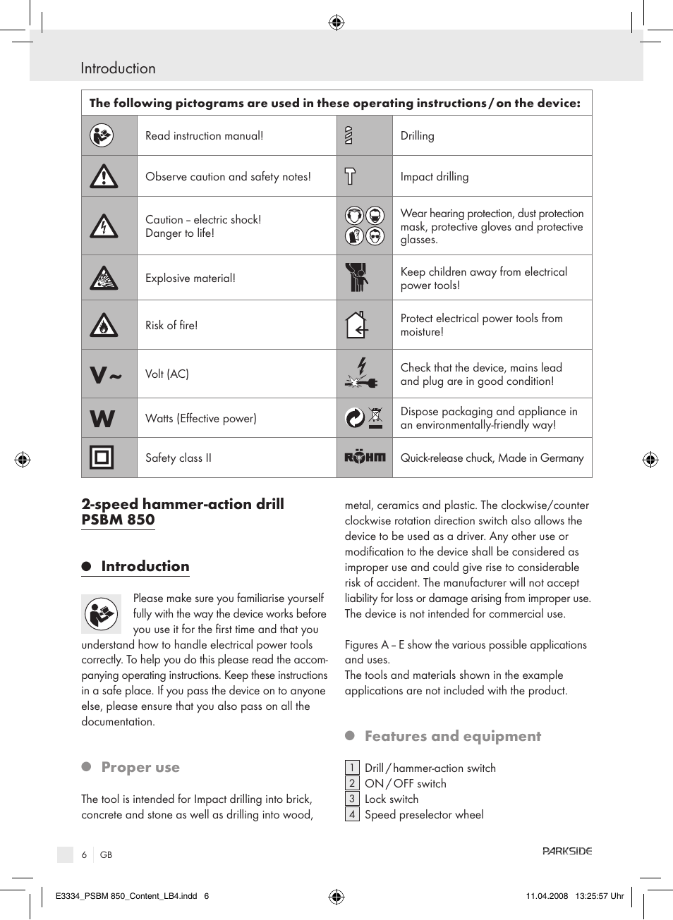 Speed hammer-action drill psbm 850, Introduction, Proper use | Features and equipment | Parkside PSBM 850 User Manual | Page 6 / 77