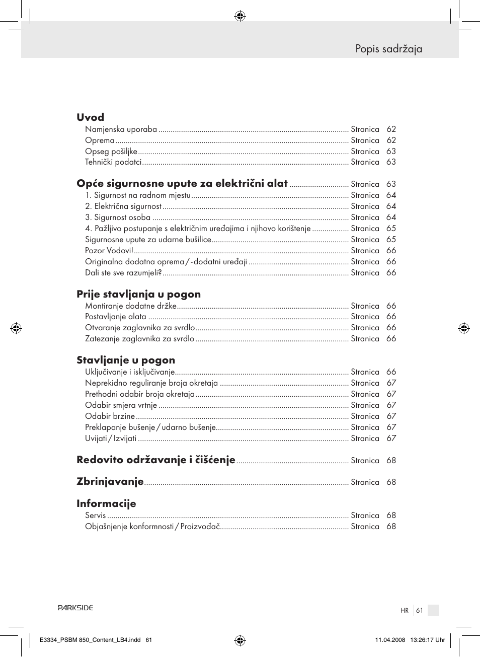 Popis sadržaja | Parkside PSBM 850 User Manual | Page 61 / 77