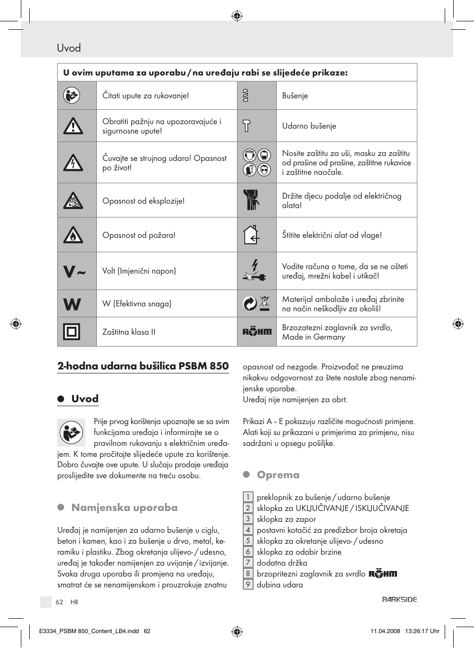 Uvod, Hodna udarna bušilica psbm 850, Namjenska uporaba | Oprema | Parkside PSBM 850 User Manual | Page 62 / 77