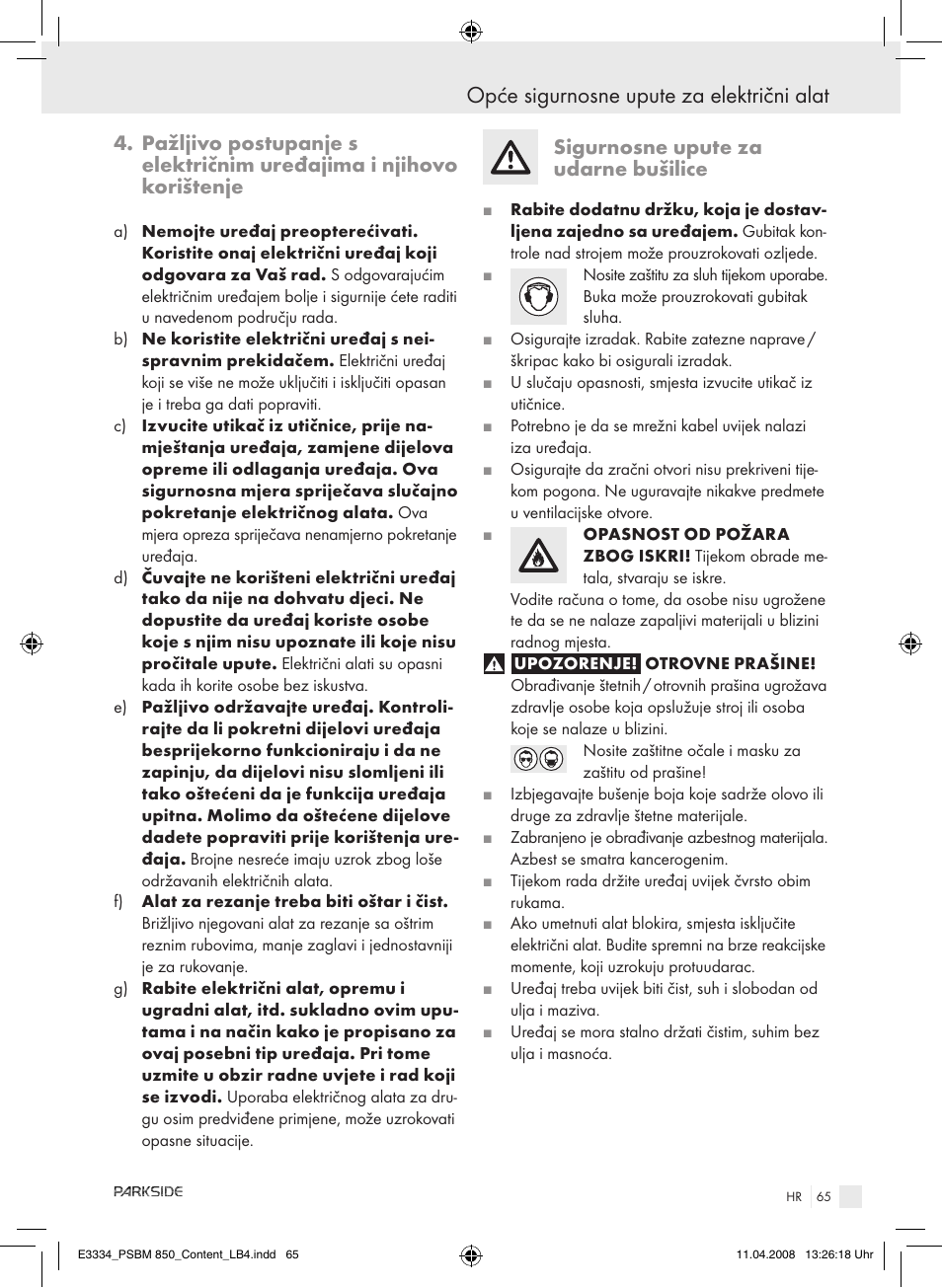 Opće sigurnosne upute za električni alat, Sigurnosne upute za udarne bušilice | Parkside PSBM 850 User Manual | Page 65 / 77