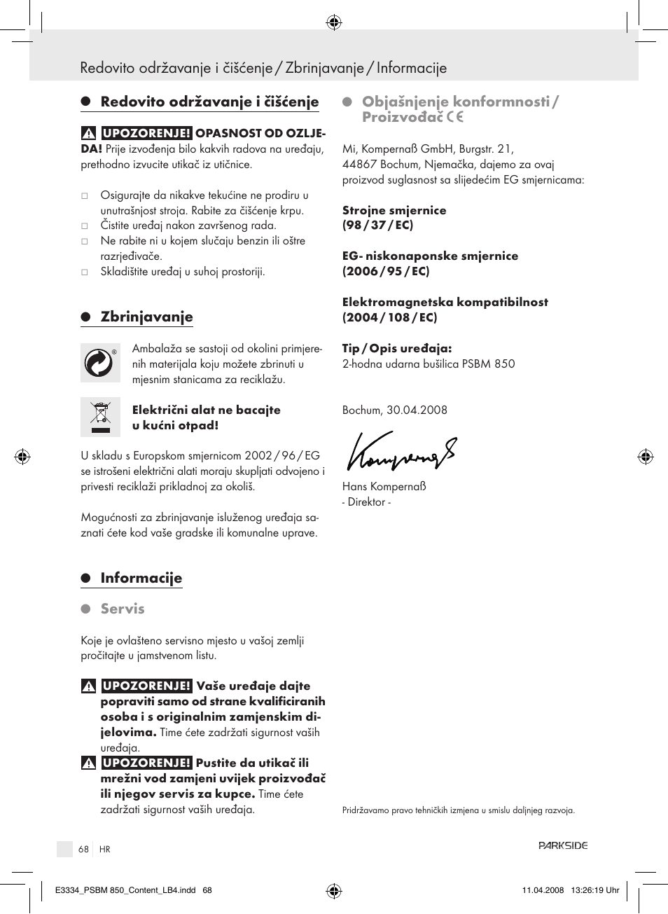Redovito održavanje i čišćenje, Zbrinjavanje, Informacije | Servis, Objašnjenje konformnosti / proizvođač | Parkside PSBM 850 User Manual | Page 68 / 77