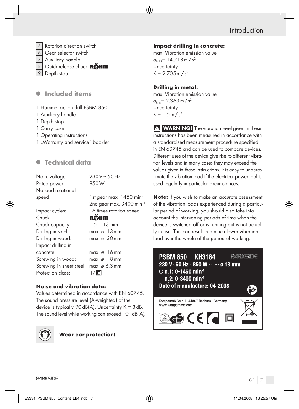 Introduction, Included items, Technical data | Parkside PSBM 850 User Manual | Page 7 / 77