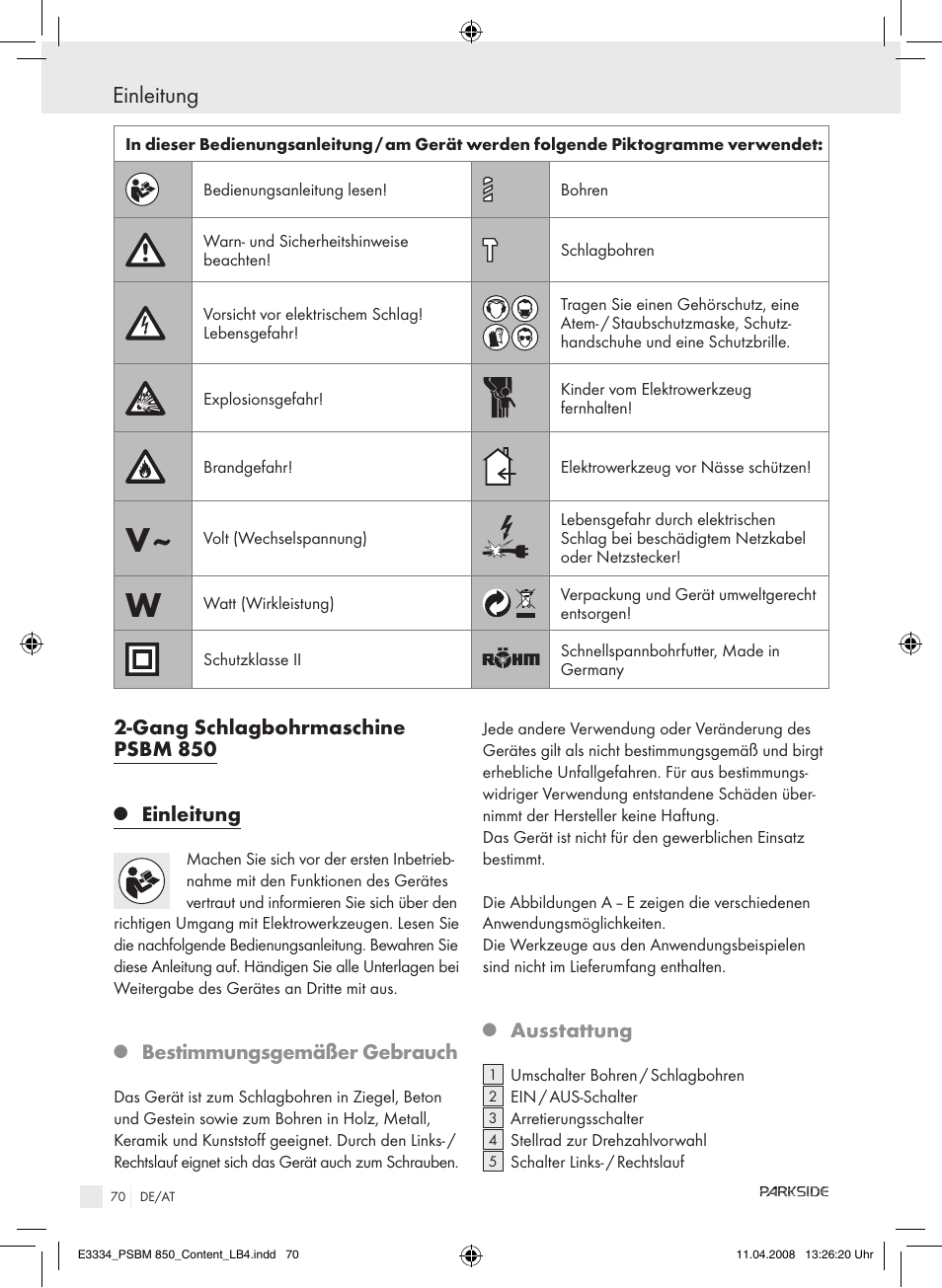 Gang schlagbohrmaschine psbm 850, Einleitung, Bestimmungsgemäßer gebrauch | Ausstattung | Parkside PSBM 850 User Manual | Page 70 / 77