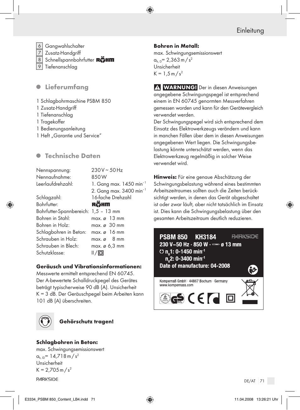Einleitung, Lieferumfang, Technische daten | Parkside PSBM 850 User Manual | Page 71 / 77