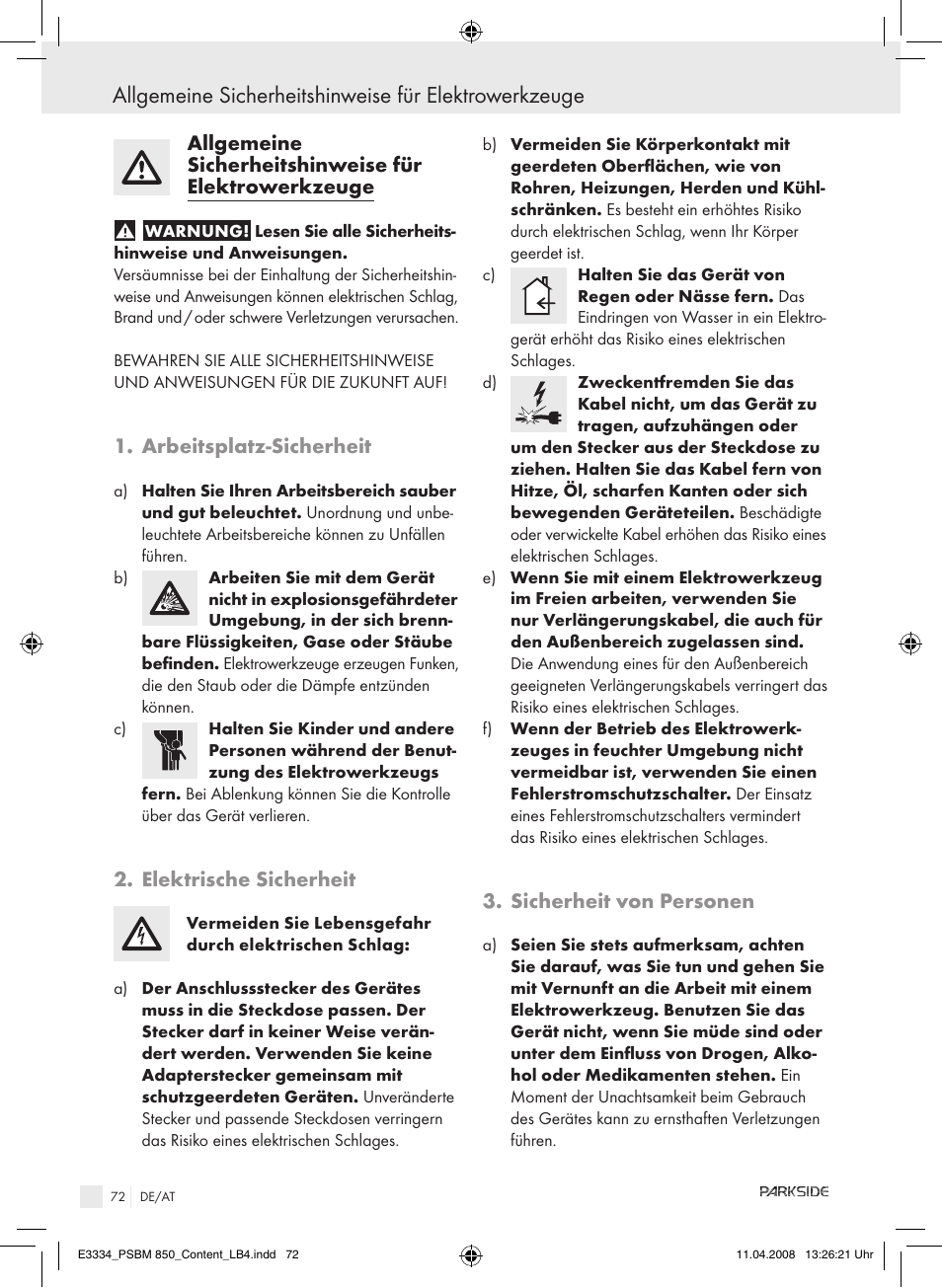 Arbeitsplatz-sicherheit, Elektrische sicherheit, Sicherheit von personen | Parkside PSBM 850 User Manual | Page 72 / 77