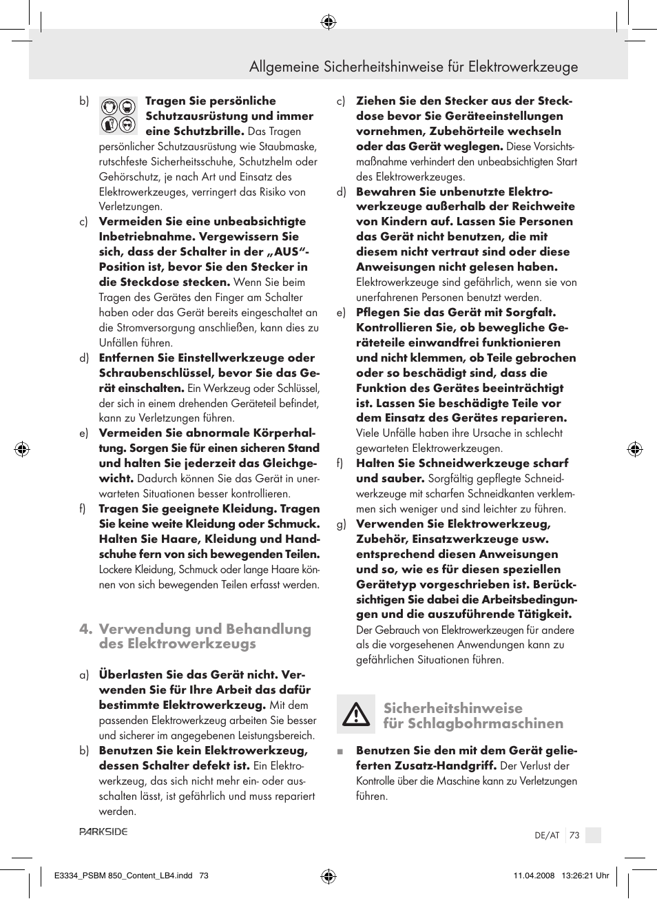 Verwendung und behandlung des elektrowerkzeugs, Sicherheitshinweise für schlagbohrmaschinen | Parkside PSBM 850 User Manual | Page 73 / 77