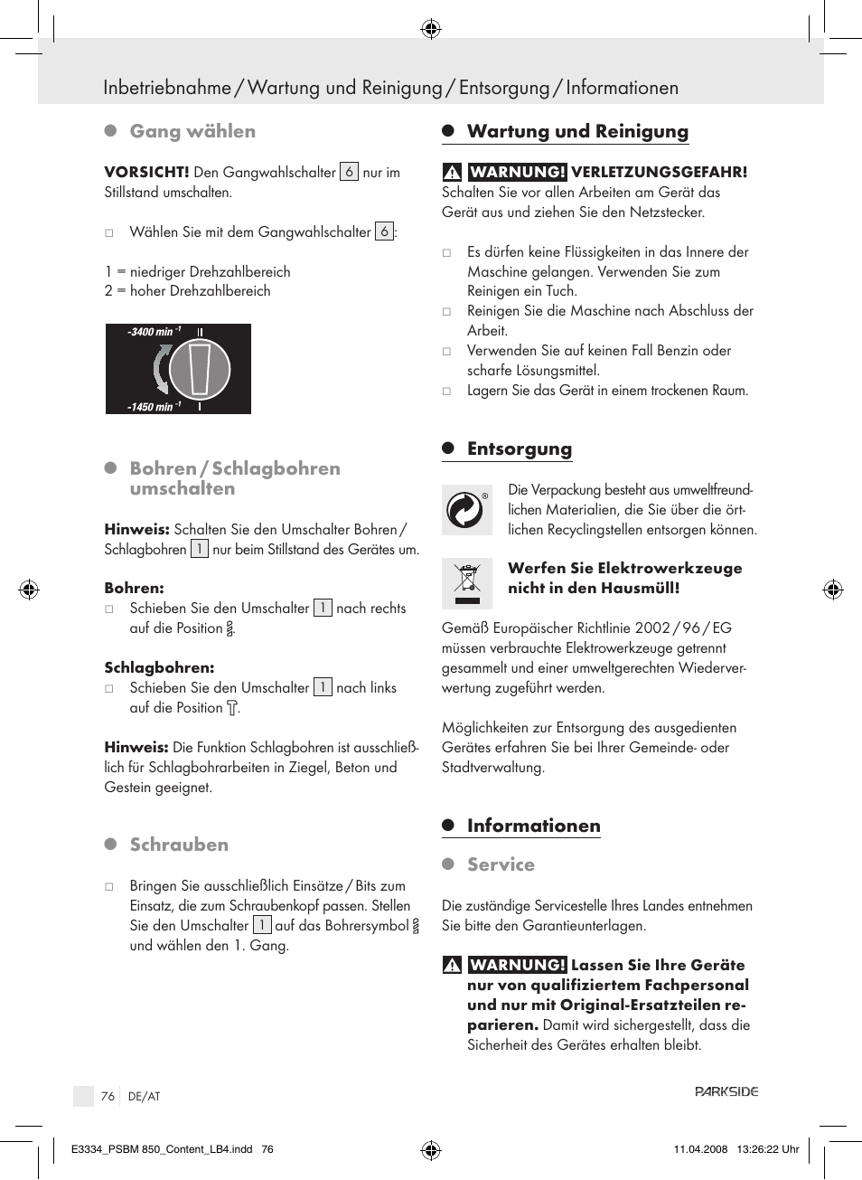 Gang wählen, Bohren / schlagbohren umschalten, Schrauben | Wartung und reinigung, Entsorgung, Informationen, Service | Parkside PSBM 850 User Manual | Page 76 / 77