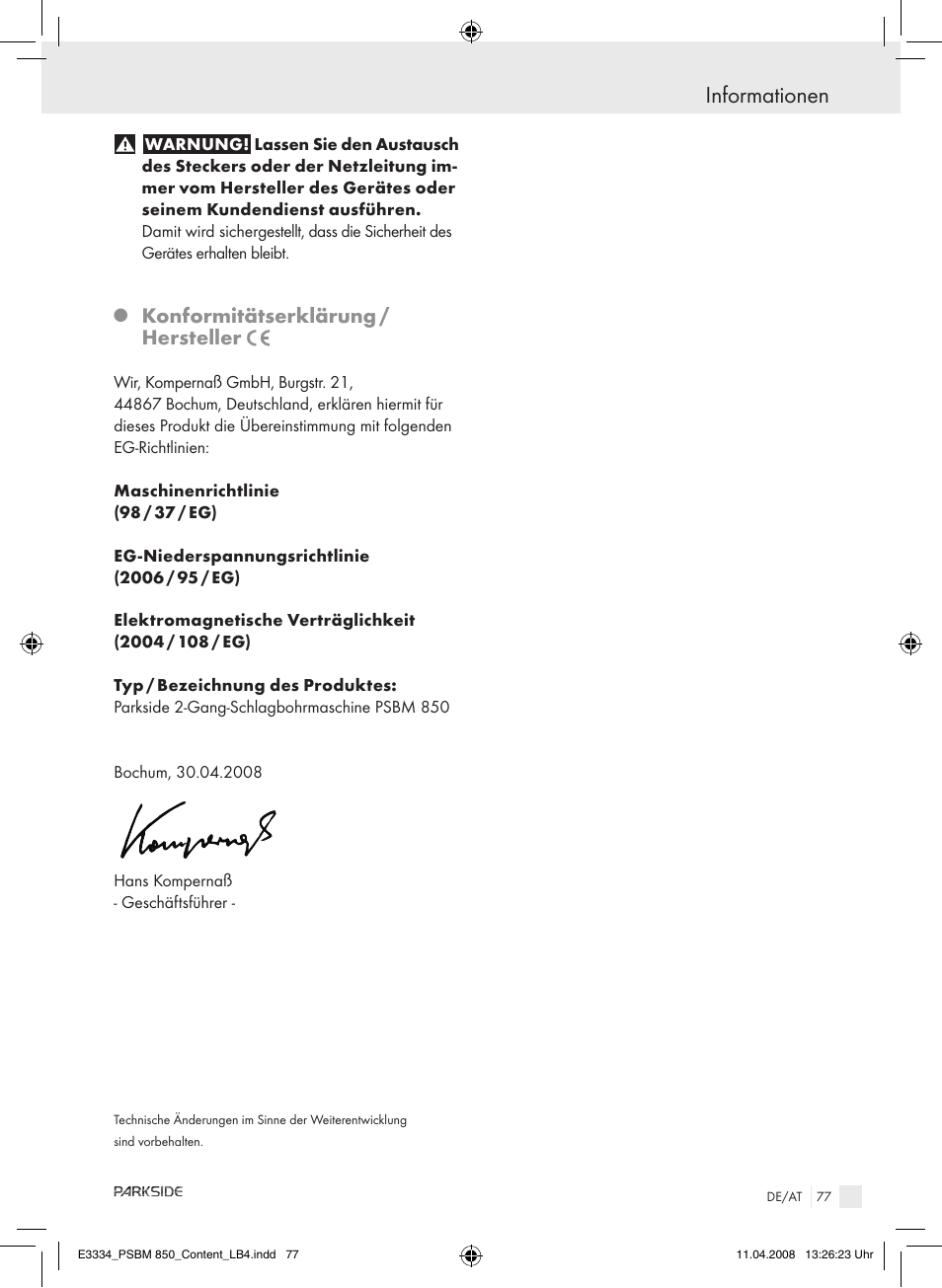 Informationen, Konformitätserklärung / hersteller | Parkside PSBM 850 User Manual | Page 77 / 77