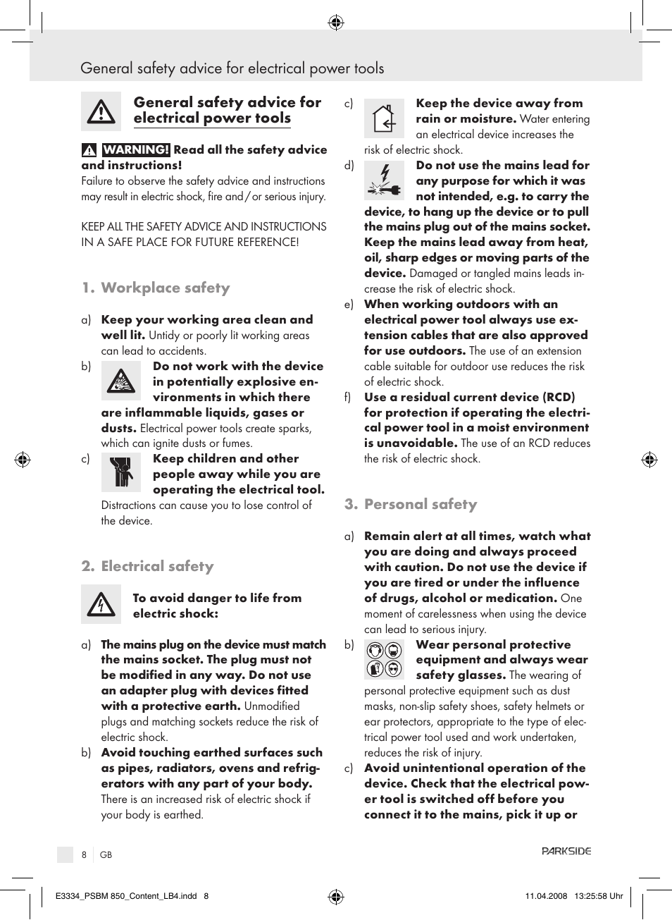 General safety advice for electrical power tools, Workplace safety, Electrical safety | Personal safety | Parkside PSBM 850 User Manual | Page 8 / 77