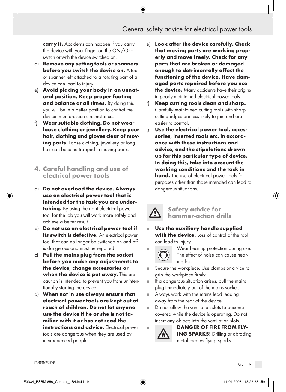 General safety advice for electrical power tools, Careful handling and use of electrical power tools, Safety advice for hammer-action drills | Parkside PSBM 850 User Manual | Page 9 / 77