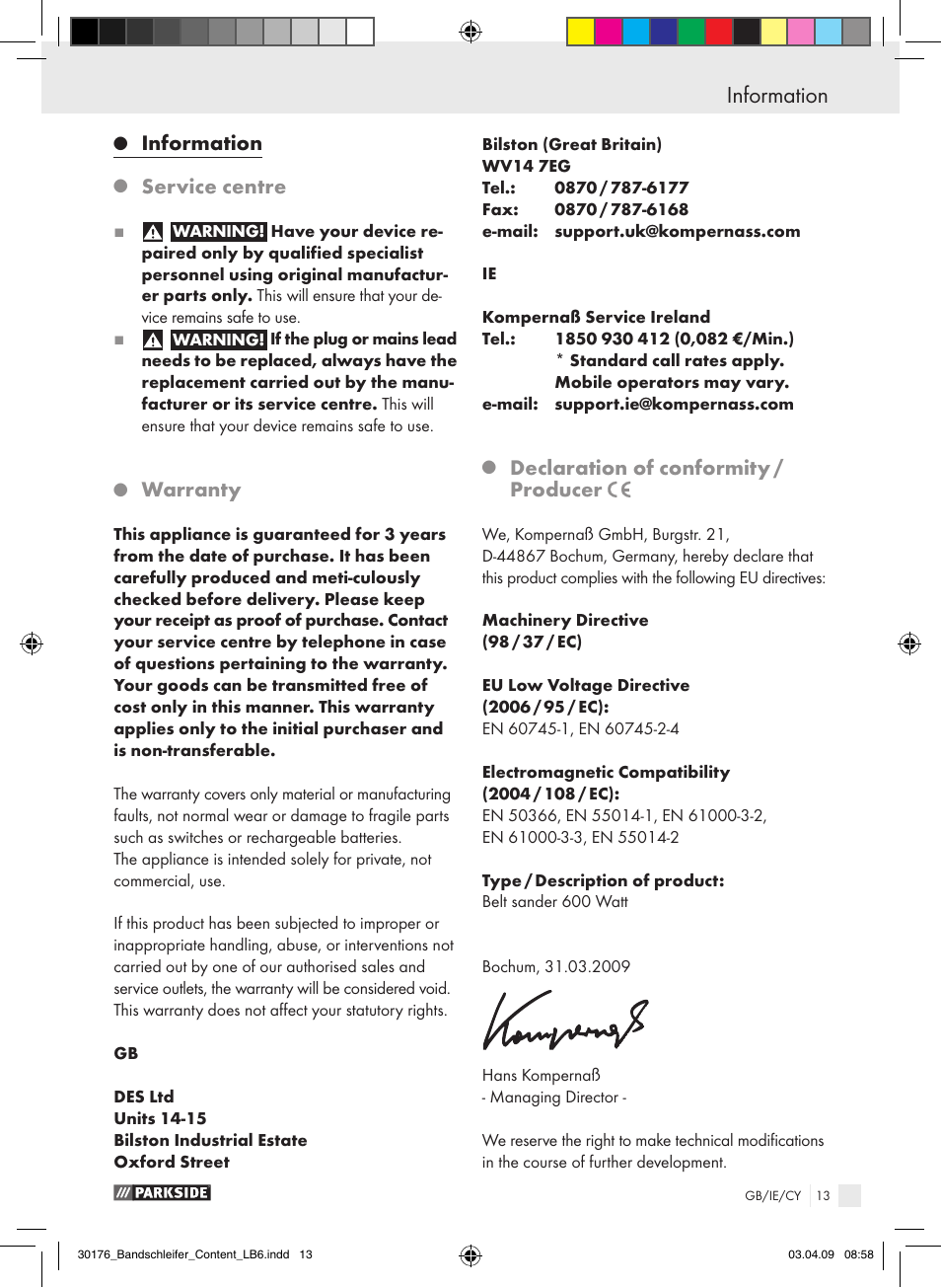 Information, Service centre, Warranty | Declaration of conformity / producer | Parkside BELT PEBS 600 User Manual | Page 12 / 13