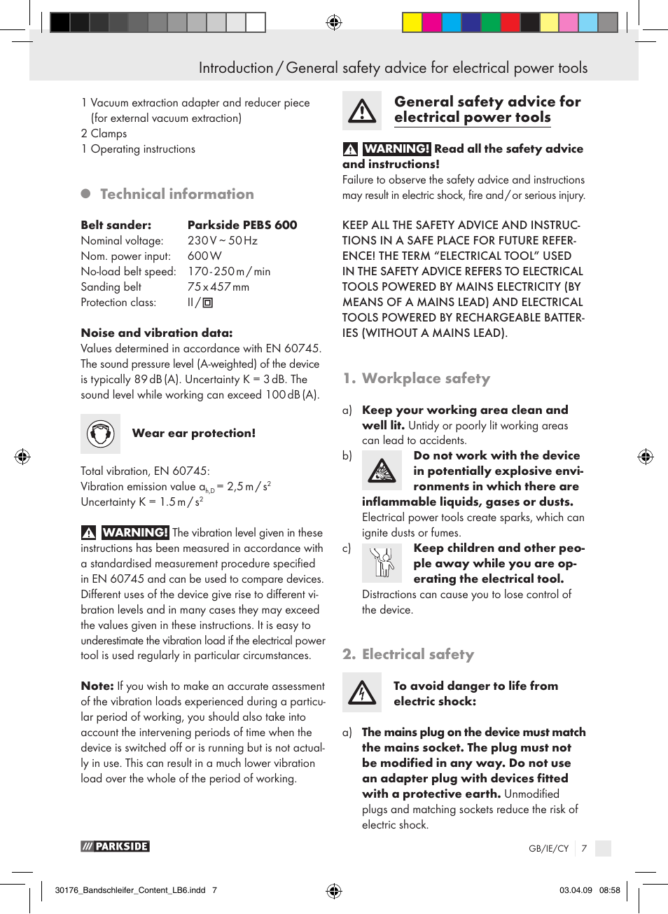 Technical information, General safety advice for electrical power tools, Workplace safety | Electrical safety | Parkside BELT PEBS 600 User Manual | Page 6 / 13