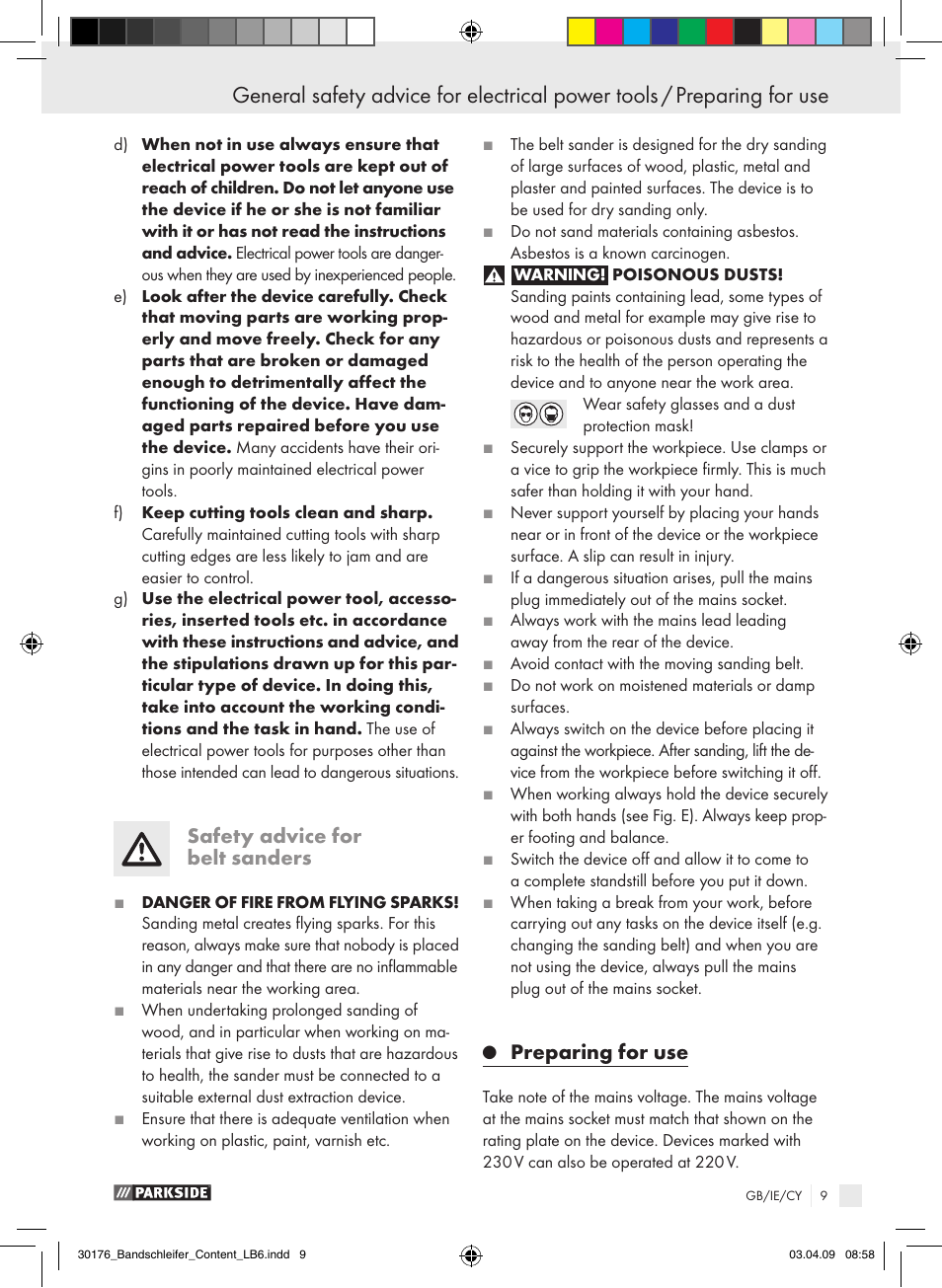 Safety advice for belt sanders, Preparing for use | Parkside BELT PEBS 600 User Manual | Page 8 / 13