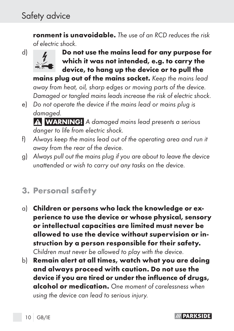 Safety advice, Personal safety | Parkside PLP 100 A1 User Manual | Page 10 / 18