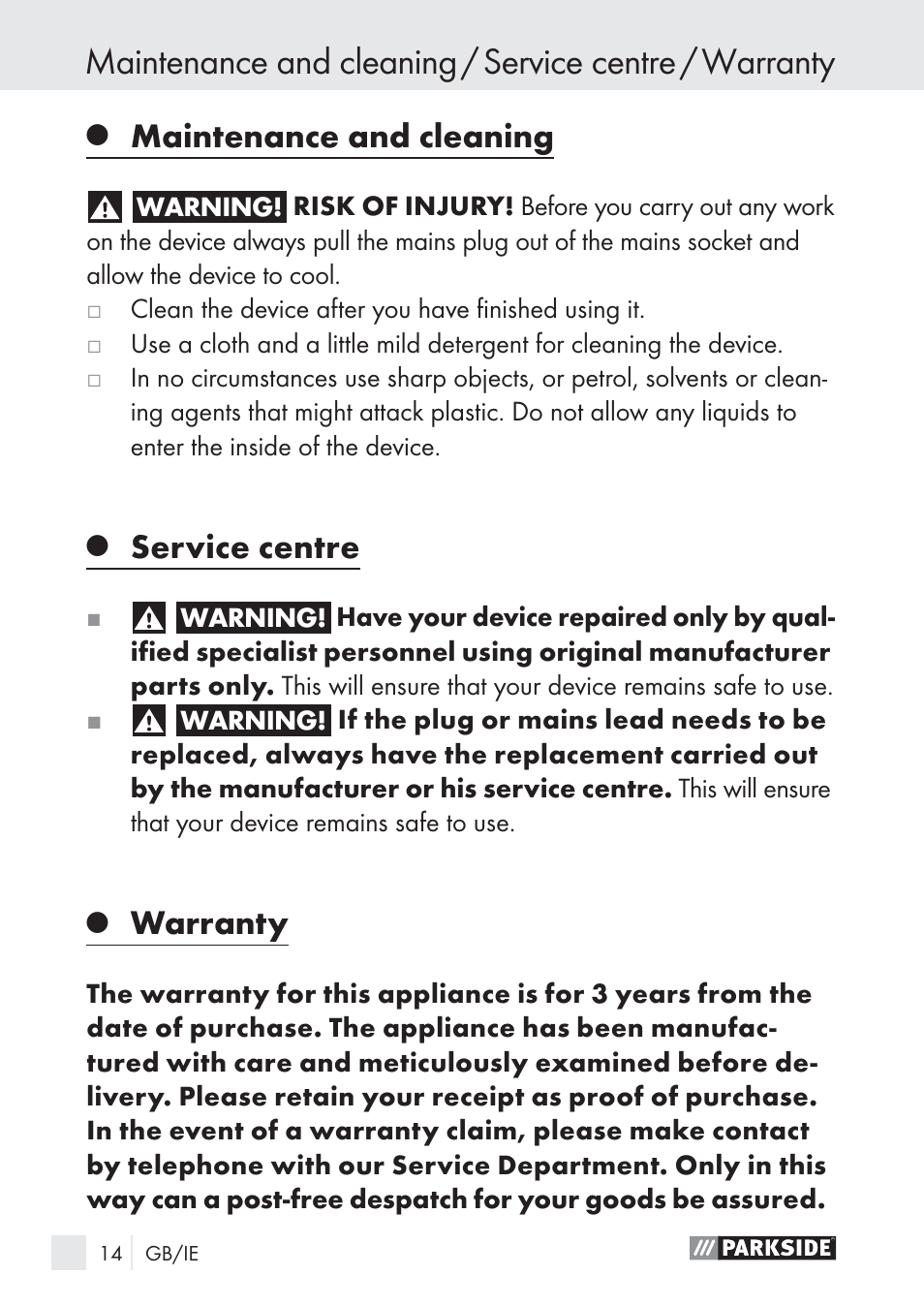 Maintenance and cleaning, Service centre, Warranty | Parkside PLP 100 A1 User Manual | Page 14 / 18