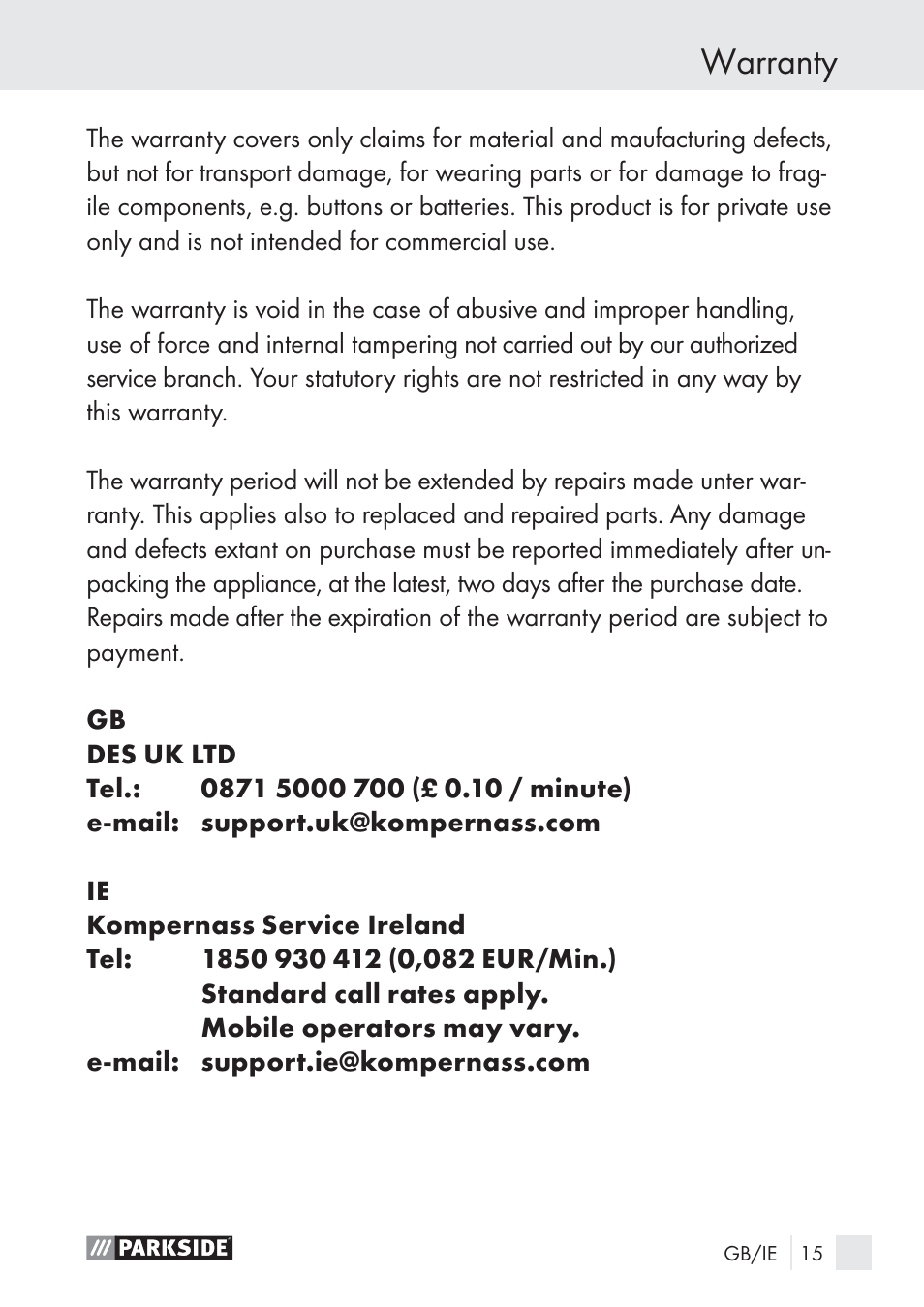 Warranty | Parkside PLP 100 A1 User Manual | Page 15 / 18