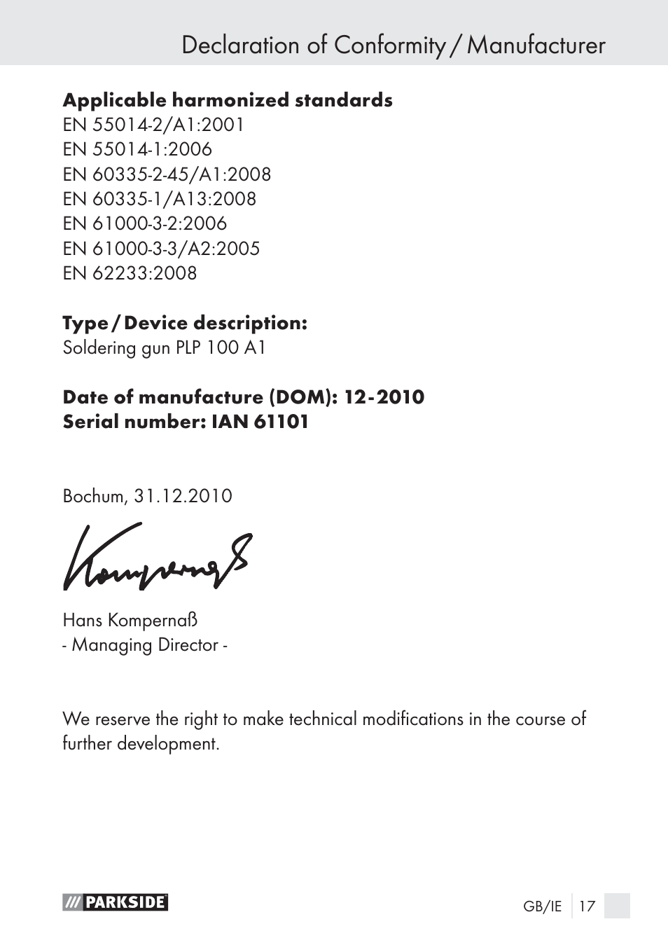 Declaration of conformity / manufacturer | Parkside PLP 100 A1 User Manual | Page 17 / 18