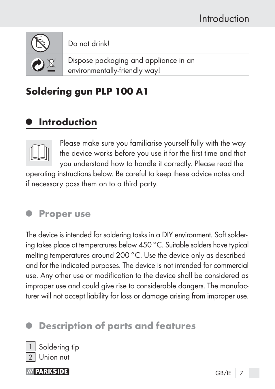 Introduction, Soldering gun plp 100 a1, Proper use | Description of parts and features | Parkside PLP 100 A1 User Manual | Page 7 / 18