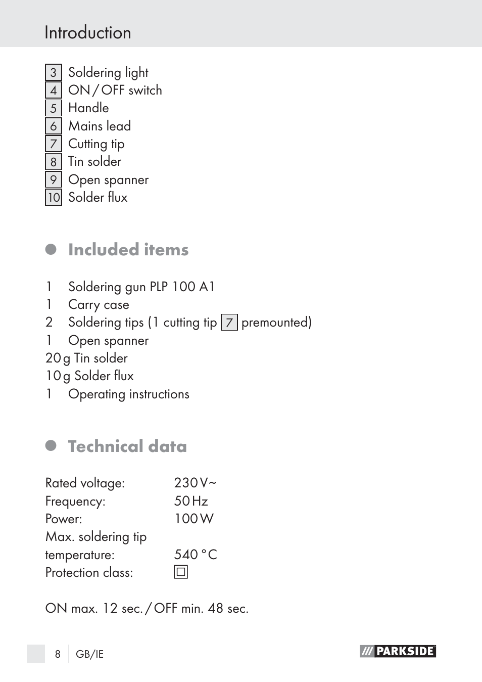 Introduction, Included items, Technical data | Parkside PLP 100 A1 User Manual | Page 8 / 18