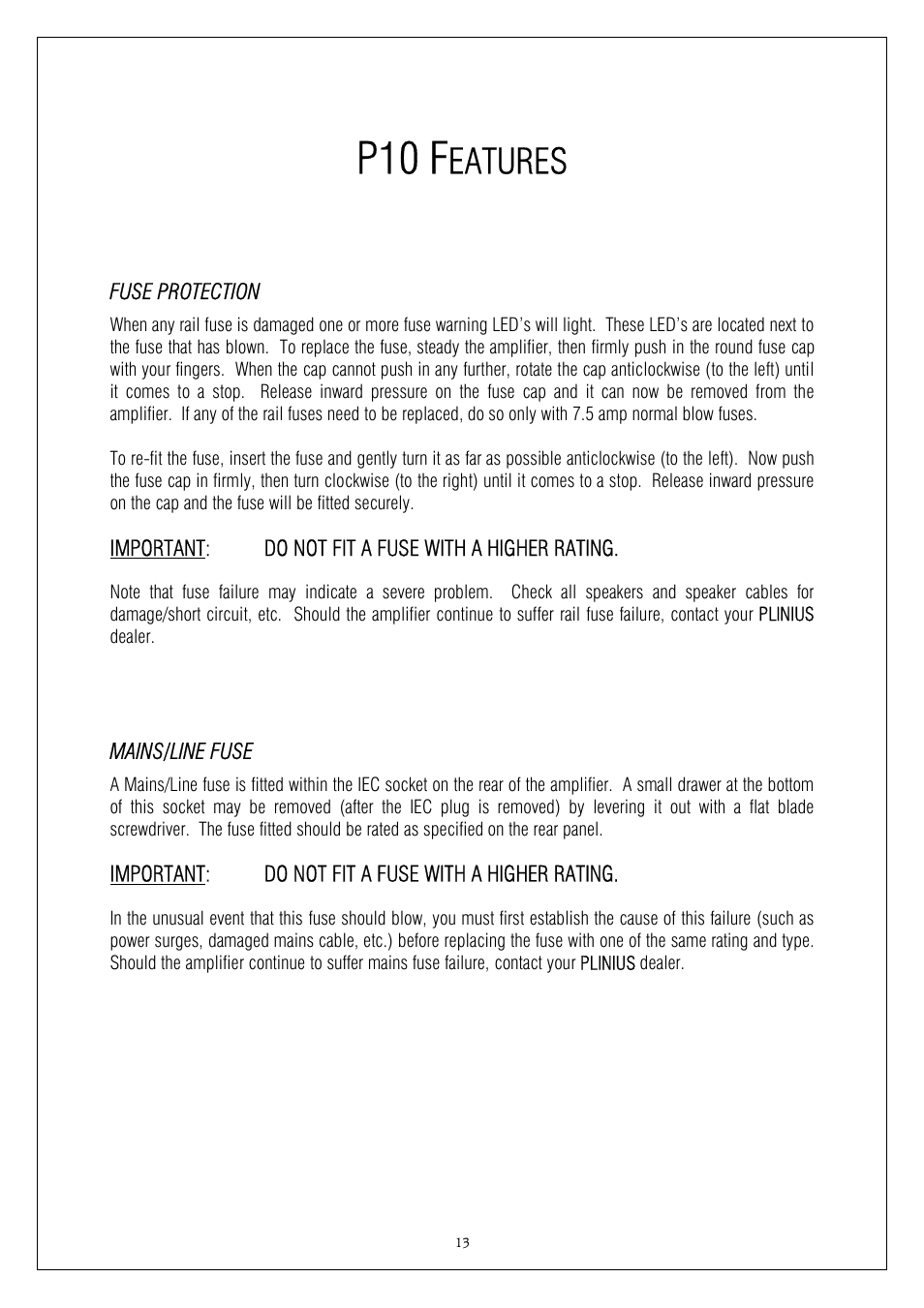 P10 f, Eatures | Plinius Audio P10 User Manual | Page 13 / 17