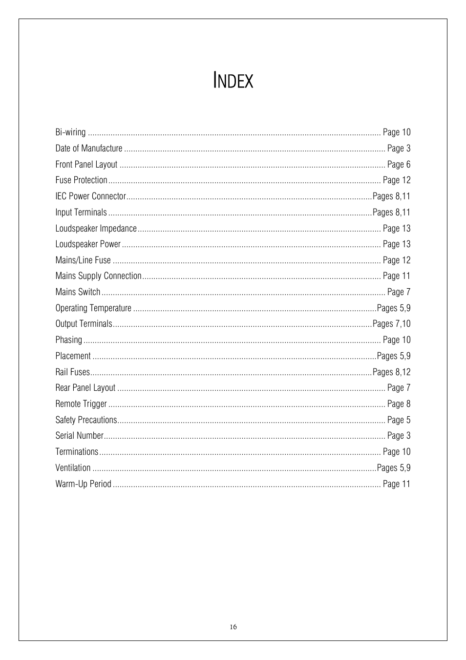 Ndex | Plinius Audio P10 User Manual | Page 16 / 17