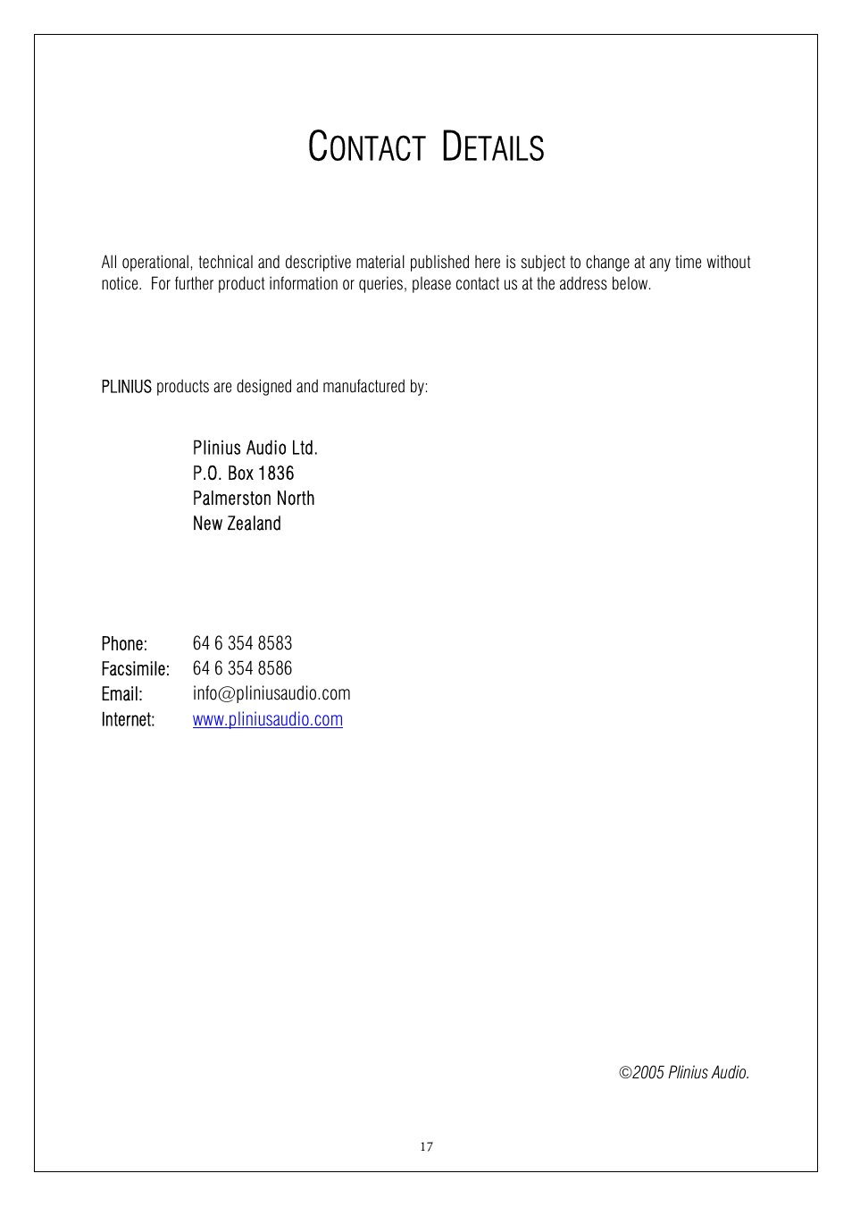 Ontact, Etails | Plinius Audio P10 User Manual | Page 17 / 17