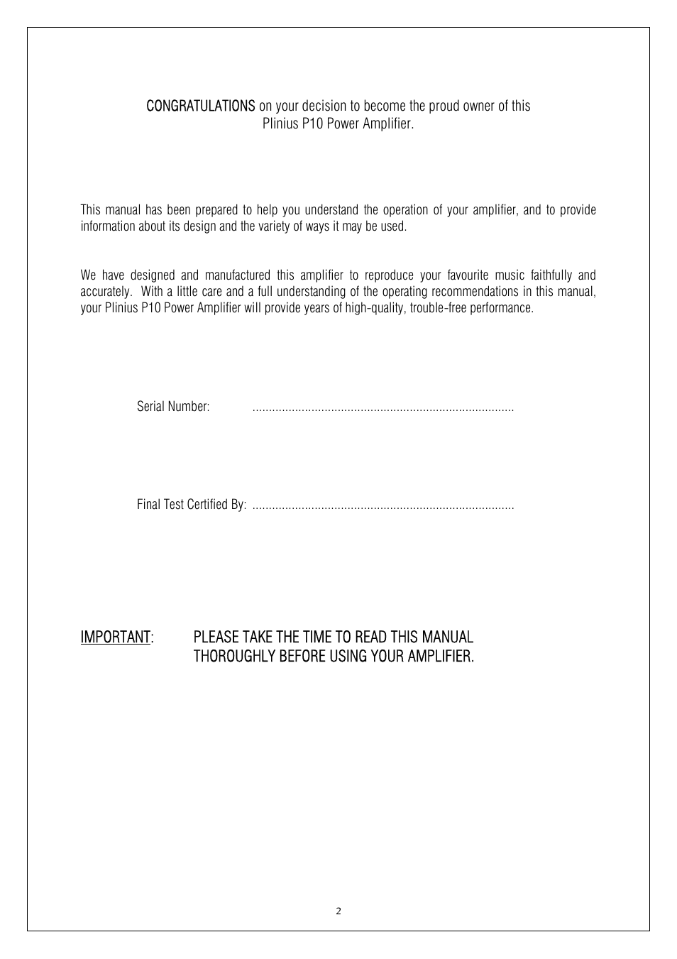 Plinius Audio P10 User Manual | Page 2 / 17