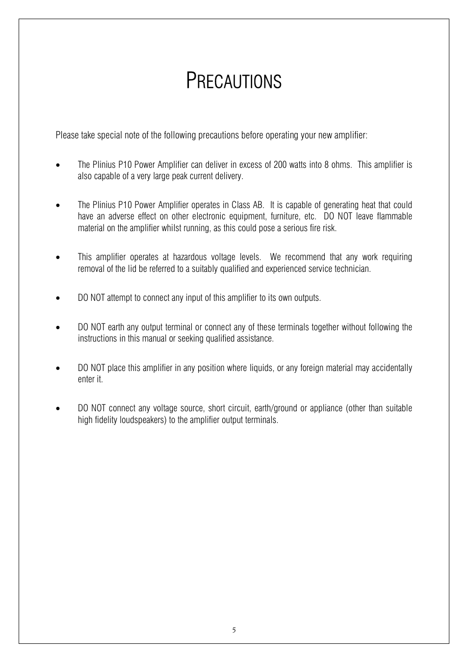 Recautions | Plinius Audio P10 User Manual | Page 5 / 17