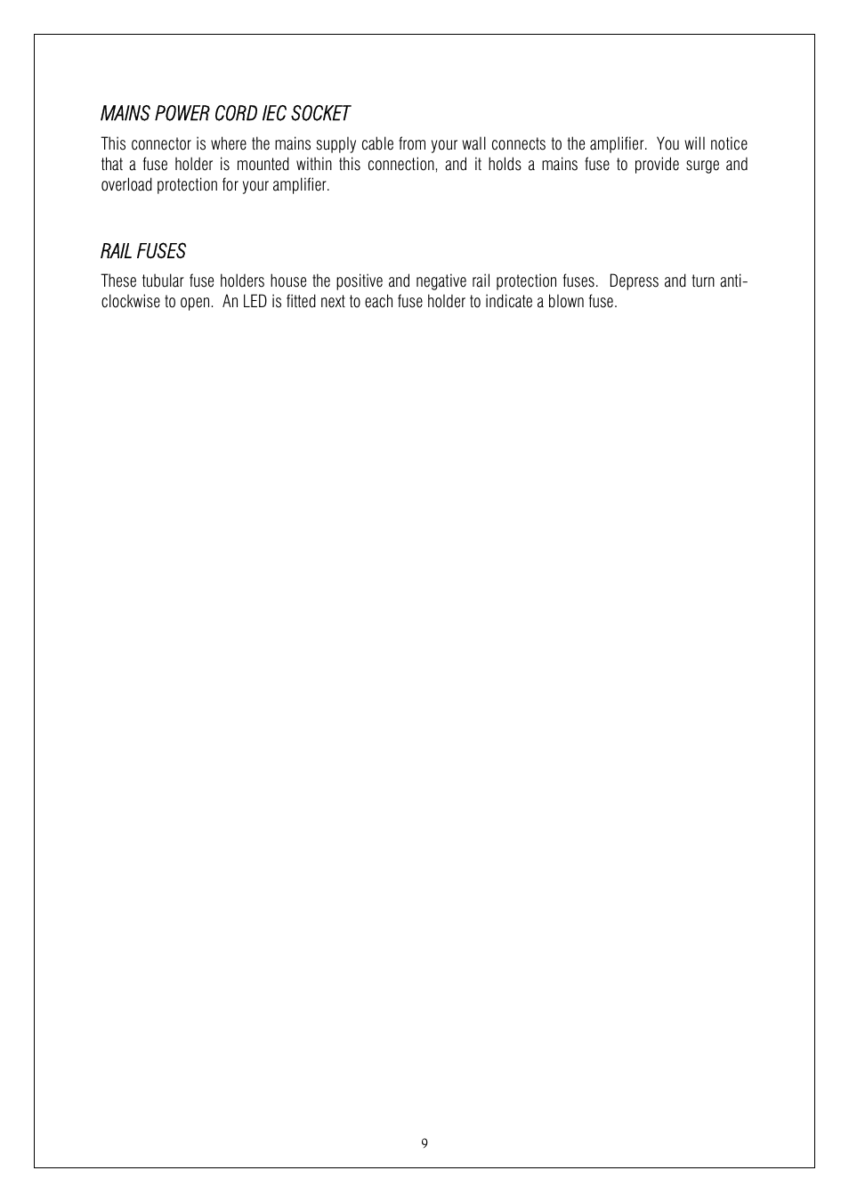 Mains power cord iec socket, Rail fuses | Plinius Audio P10 User Manual | Page 9 / 17